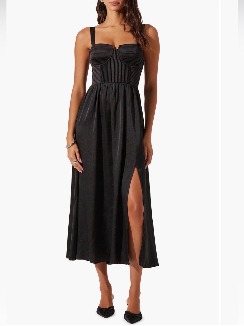 ASTR THE LABEL Pleated Bustier Satin Midi Dress Black: XS